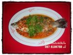 ปลากะพงนึ่งพริกมะนาว ร้านอาโป้ยบริการรับจัดเลี้ยงอาหารโต๊ะจีนนอกสถานที่ โต๊ะจีนงานแต่งงาน โต๊ะจีนงาน