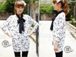 เสื้อตัวยาว เสื้อยืด ผ้า Cotton พิมพ์ลาย พร้อมผ้าผูกคอ สีขาว