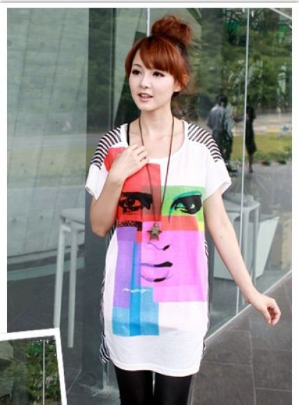 (ส่งฟรี)เสื้อแฟชั่นนำเข้าสไตล์เกาหลี สีขาวพิมพ์ลายสีสันสดใส ผ้าฝ้าย+ผ้าซีฟองเนื้