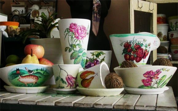 กระถางเพ้นท์ vintage style,ของแต่งบ้าน,งานhandmade,งานไม้บ้านนกกล่องไม้เพ้นท์