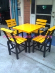 ชุดโต๊ะไม้ 70x70x75 + เก้าอี้ไม้พนักพิงเอน 4 ตัว ไม้จามจุรี
