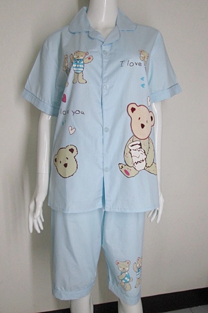 ชุดนอนกางเกงสามส่วนผ้า cotton 100% เกรด A สีฟ้า