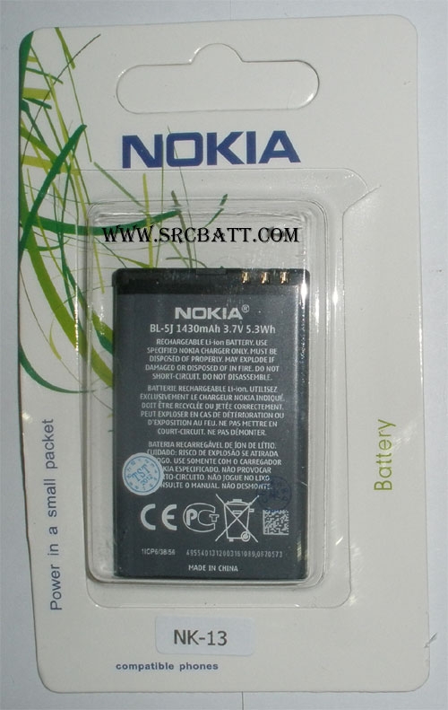 แบตเตอรี่มือถือยี่ห้อ Nokia BL-5J ความจุ 1430mAh (NK-13)