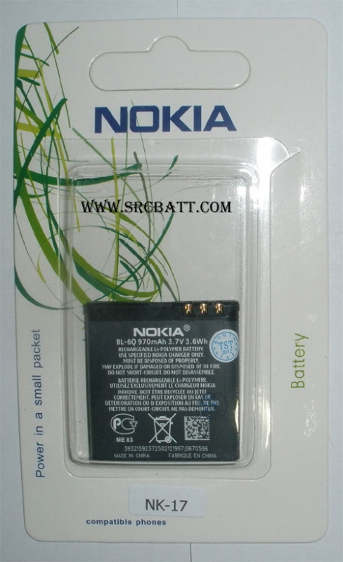 แบตเตอรี่มือถือยี่ห้อ Nokia BL-6Q ความจุ 970mAh (NK-17)
