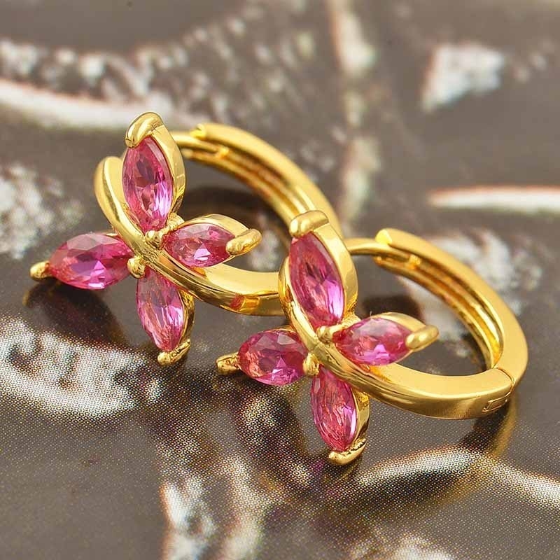 ต่างหูทองคำ 18k gold filled ประดับเพชร CZ สีแดงทับทิมดีไซน์ผีเสื้อ สวยน่ารีกมากๆ