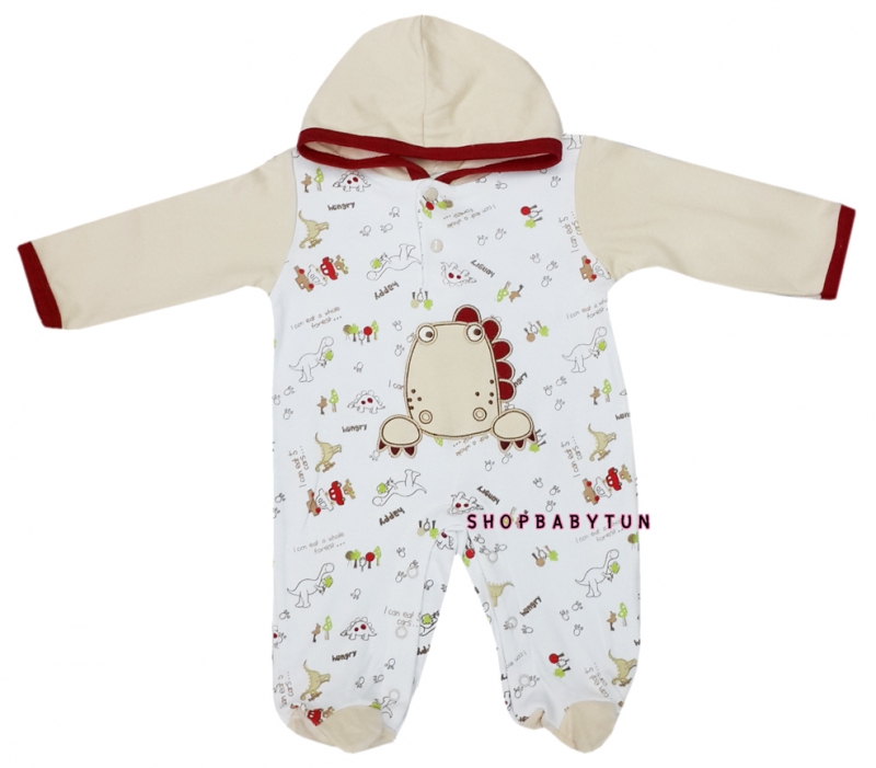 *หมดค่ะ* -BS6516- ชุดหมีคลุมเท้า มีหมวกฮู้ด ลายครอบครัวไดโนเสาร์ (6-9M)