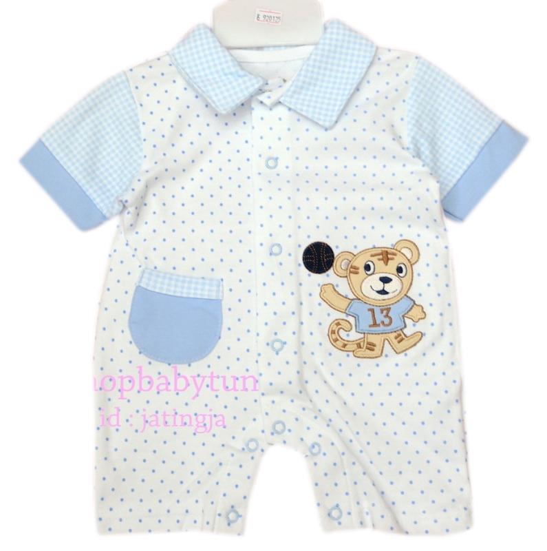 -69063- ชุดบอดี้สูทเด็ก ขาสั้น สีขาวจุดฟ้า ลายเสือ (ไซส์6-9M)