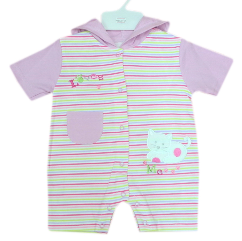 -912054- บอดี้สูทเด็กขาสั้น มีหมวกฮู้ด โทนสีรุ้ง ลายแมวเหมียว (ไซส์9-12M)