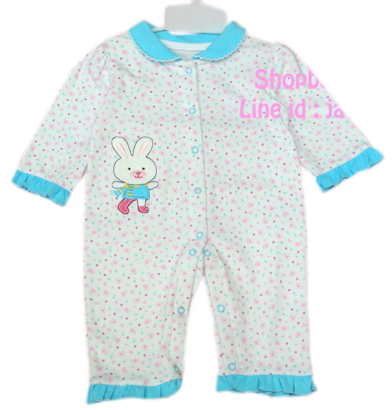 -BS6506- ชุดบอดี้สูทเด็กขายาวสีขาวฟ้าลายดอกไม้ น่ารักมากๆค่ะ (9-12M)