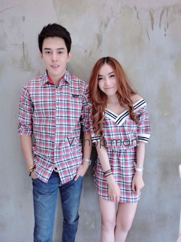 เสื้อคู่รักลายสก็อต เสื้อผู้หญิงคอวี