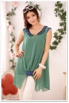 เสื้อแฟชั่น สีเขียวผ้าซีฟองเนื้อบางแต่งโซ่ทอง เย็บขอบประดับผ้าจีบ