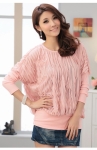 เสื้อแฟชั่น สีชมพู ผ้าโพลิสเตอร์ เนื้อบาง ระบายทั้งตัว เย้บประดับผ้าฝ้ายยืด