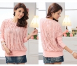 เสื้อแฟชั่น สีชมพู ผ้าโพลิสเตอร์ เนื้อบาง ระบายทั้งตัว เย้บประดับผ้าฝ้ายยืด
