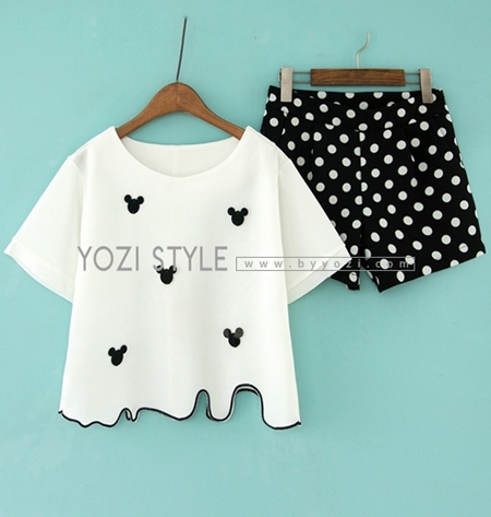 FW5707003 ฤดูร้อนเกาหลีผู้หญิงมิติโลโก้การ์ตูนเสื้อยืดใหม่ลายจุดกางเกงสูทผู้หญิง