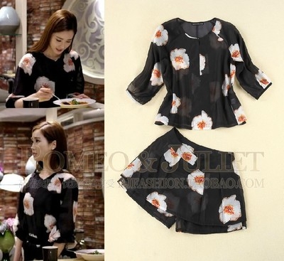 FW5707004 เสื้อชุดชีฟองแขนยาว กางเกงขาสั้น สไตร์ยุโรป พิมพ์ลายดอก