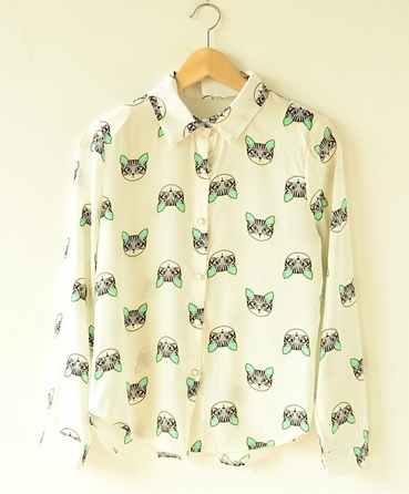 GW5707026 เสื้อชีฟอง แขนยาว ปกเชิ้ต พิมพ์ลายแมว แฟชั่นเกาหลี (พรีออเดอร์)
