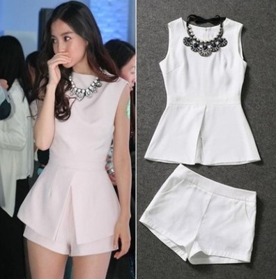 FW5707009 เสื้อชุดชีฟอง กางเกงขาสั้น เสื้อแขนกุด สีขาวชมพู แฟชั่นเกาหลี (Preorde