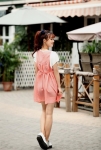 เอี๊ยมกระโปรงลายจุดสีส้ม ชุดคลุมท้องแฟชั่นวัยรุ่น