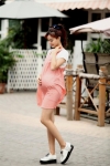 เอี๊ยมกระโปรงลายจุดสีส้ม ชุดคลุมท้องแฟชั่นวัยรุ่น