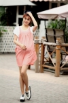เอี๊ยมกระโปรงลายจุดสีส้ม ชุดคลุมท้องแฟชั่นวัยรุ่น