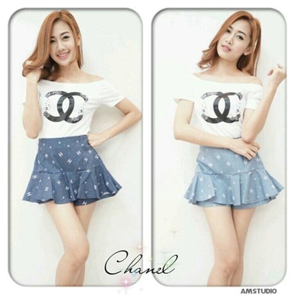 set เสื้อปาดไหล่ พิมพ์ลาย  + กระโปรง ผ้ายีนส์เทียม