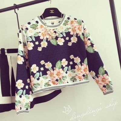 เสื้อกันหนาว ทรงหลวม พิมพ์ลายดอกไม้ ย้อนยุค แฟชั่นเกาหลี