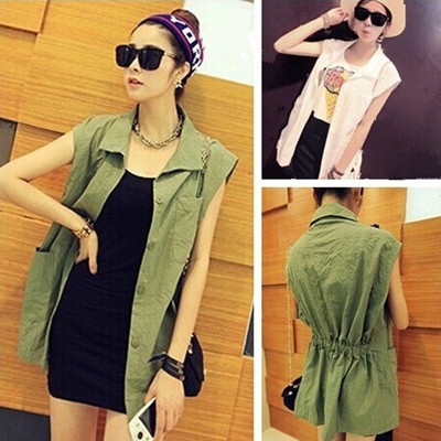 เสื้อแขนกุด สีเขียว ขาว กระดุมหน้า เอวจั้ม ปกเชิ้ต สำหรับลุคลำลอง ใส่สบายๆ แฟชั่