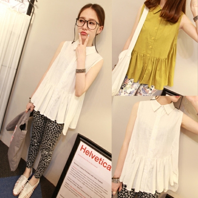เสื้อแขนกุด สีขาว เขียว กระดุมหน้า ปกเชิ้ต แต่ระบาย สำหรับลุคลำลอง ใส่สบายๆ แฟชั