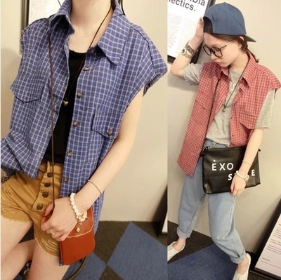 เสื้อแขนกุด  ปกเชิ้ต กระดุมหน้า ลายหมากรุกา สีฟ้า แดง ใส่สบายๆ แฟชั่นเกาหลี  (พร