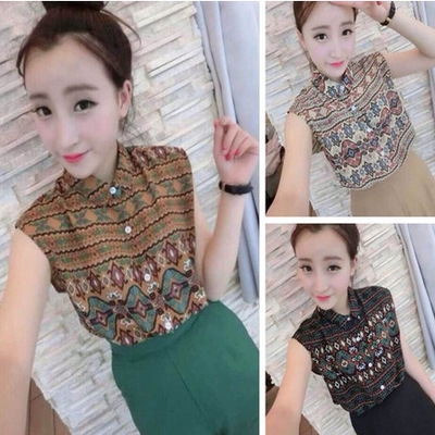 เสื้อแขนกุด  ปกเชิ้ต กระดุมหน้า ลายวินเทจหวาน  ใส่สบายๆ แฟชั่นเกาหลี  (พรีออเดอร