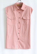 เสื้อแขนกุด  ปกเชิ้ต ลายหมากรุก กระดุมหน้า  ใส่สบายๆ แฟชั่นเกาหลี  (พรีออเดอร์)