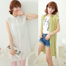 เสื้อแขนกุดตัวยาว  ปกเชิ้ต  กระดุมหน้า  ใส่สบายๆ แฟชั่นเกาหลี  (พรีออเดอร์)