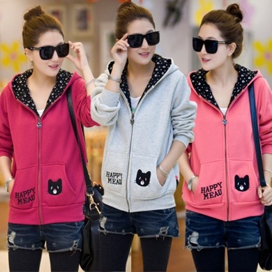 CW5705006 เสื้อกันหนาว มีฮูดแต่งลายจุด ซิปหน้า อบอุ่นมาก (พรีออเดอร์) รอ 3 อาทิต