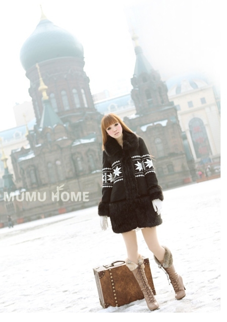 CW5707033 สื้อกโค้ท MUMUHOME สีดำเกล็ดหิมะ หรูหรา มีฮูด สไตร์ญี่ปุ่น (พรีออเดอร์