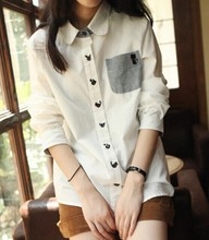 GW5712011 เสื้อเชิ้ตสาวเกาหลี สีขาวแต่งการ์ตูนแมวน่ารัก (พรีออเดอร์)รอสินค้า 3อา