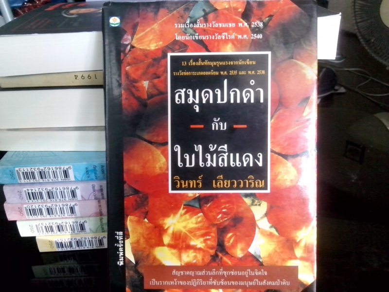สมุดปกดำกับใบไม้สีแดง