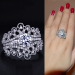 ชุดแหวน 3 วง ทองคำขาว 18k white gold ประดับเพชร CZ เกรดพรีเมี่ยม ดีไซน์มงกุฎเจ้าหญิง