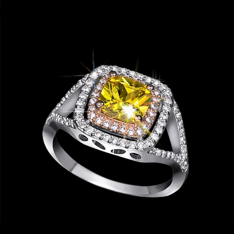 แหวนทองคำขาว 18k white gold plated ประดับเพชร CZ สีเหลืองบุษราคัม ดีไซน์สุดหรู