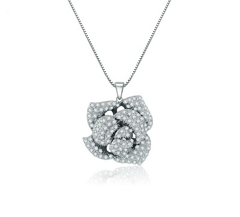 สร้อยคอ 18k platinum plated ห้อยจี้เพชร CZ ดอกกุหลาบสุดหรู